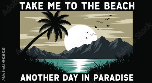 Vibrant Beach Scene with Silhouette Palm Tree against a Sunset Backdrop, suitable for travel blogs, vacation promotions, and tropical event designs.