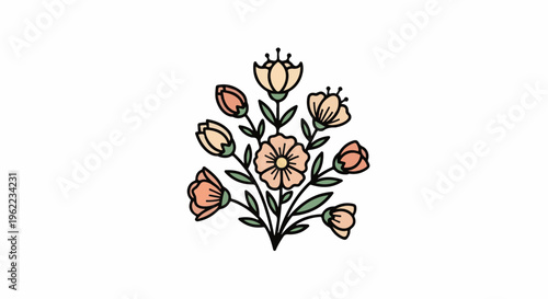 A stylized bouquet of flowers in soft pastel colors with black outlines