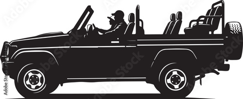Black silhouette jeep, convertible SUV, side view, monochrome vehicle
