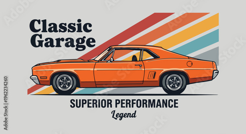 Vibrant Car with Retro Stripes against Gradient Background suitable for automotive advertising, vintage posters, and promotional materials.