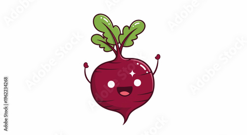 A happy, anthropomorphic beet with a bright smile and raised arms