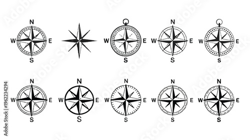 Collection of various black and white compass designs for navigation and orientation purposes