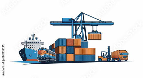 A multimodal shipping port scene featuring cargo ship, train, containers, crane, forklift, and truck