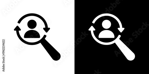 recruitment search icon, candidate tracking and hiring process loop, human resources analytics, user discovery, magnifying glass silhouette vector