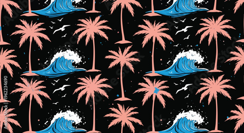 Vibrant Pattern with Palm Trees and Waves against Dark Background suitable for website banners, social media posts, and textile design.