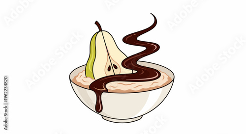 A stylized bowl of porridge topped with half a pear and drizzled with chocolate sauce