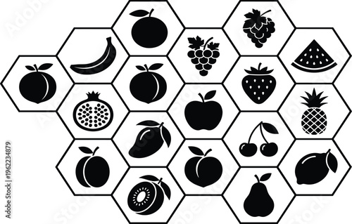 A diverse collection of fresh, healthy fruits and berries presented in a modern hexagonal grid, symbolizing organic nutrition, natural goodness, and vibrant eating