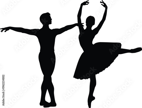Ballet dancers silhouettes performing classical dance, graceful movement and art concept illustration, minimal black and white vector design for performance