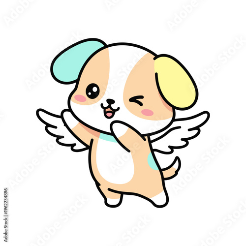Cute cartoon dog with angel wings dancing happily