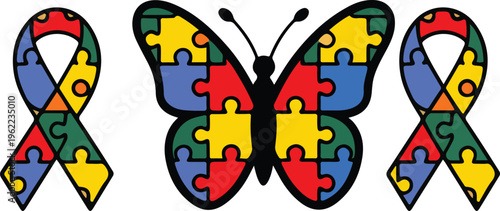 Autism Puzzle Butterfly and Awareness Ribbons Vector Illustration, Colorful Neurodiversity Support Symbol