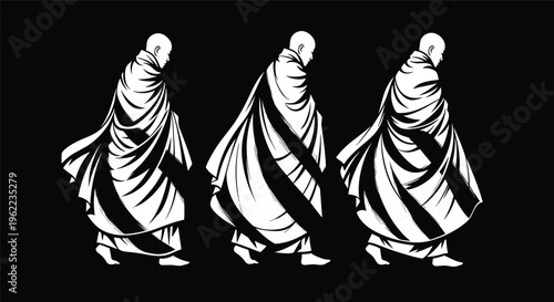 Buddhist monk walking silhouettes collection, spiritual journey and meditation concept illustration, minimal black and white vector design for religion and culture