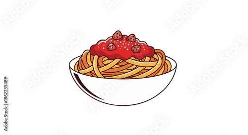 A stylized, cartoonish illustration of spaghetti and meatballs in a white bowl