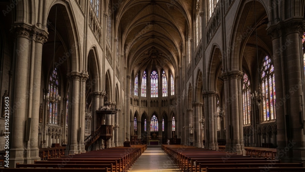 Fototapeta premium Architecture - Gothic Cathedral Interior with Ribbed Vaulted Ceiling Stained Glass Windows and Wooden Pews