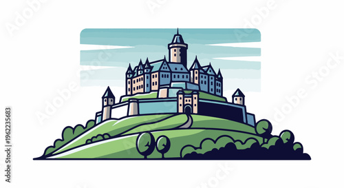 A stylized, colorful castle stands majestically atop a grassy hill under a cloudy sky