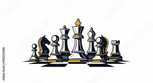 A stylized collection of chess pieces on a checkered surface, rendered in dark blue and gold