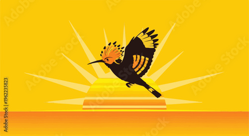 A striking black and orange bird with a distinctive crest flies against a bright sun