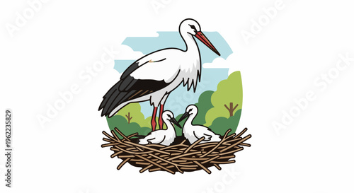 A stork stands guard over two young chicks in a nest
