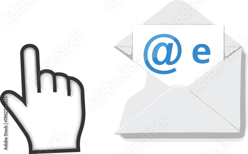 Hand pointing to an open envelope with an email symbol index finger