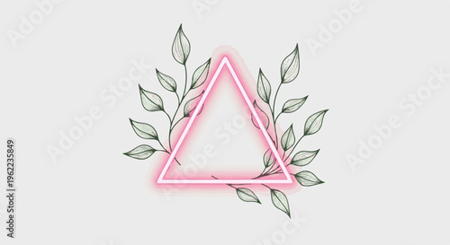 A neon pink triangle frame adorned with delicate green foliage and leaves