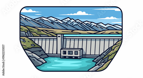 A striking illustration of a massive dam holding back a bright blue reservoir below snowy mountains