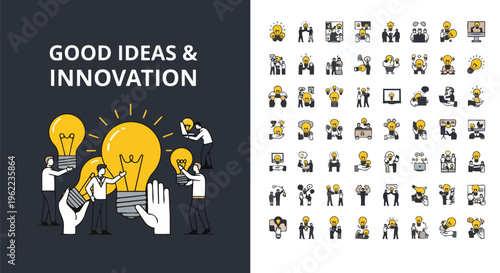 Group holding yellow light bulbs with ideas related icons on a dark blue background, cinematic illustration, suitable for business, innovation, and brainstorming promotion.