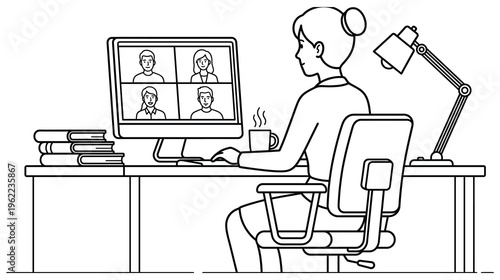 Businesswoman attending online meeting on computer from home office.