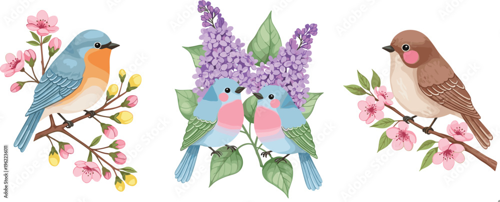 Fototapeta premium Hand-Drawn Birds Perched on Branches with Floral Accents for Spring, Nature, and Cute Animal Illustration Projects