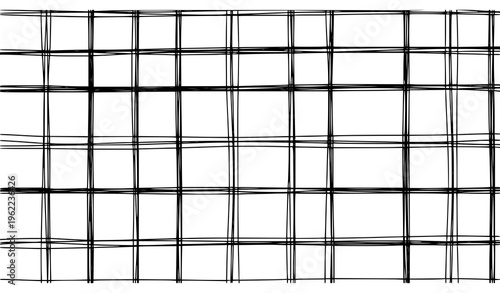 Black and white seamless checkered line pattern with freehand uneven grid sketch vector background