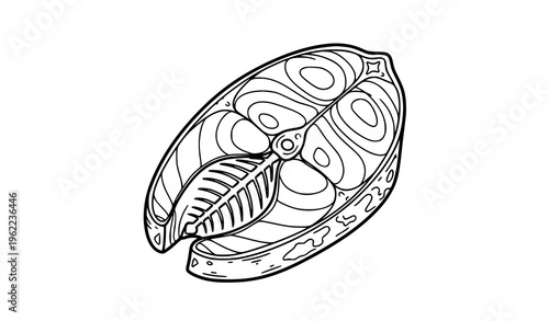 Doodle fish fillet cross section seafood hand drawn outline black white vector illustration