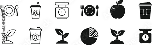 food, icons, set, nutrition, diet, healthy, meal, plate, coffee, scale, apple, plant, organic, balance, lifestyle, kitchen, illustration, design, collection, symbol