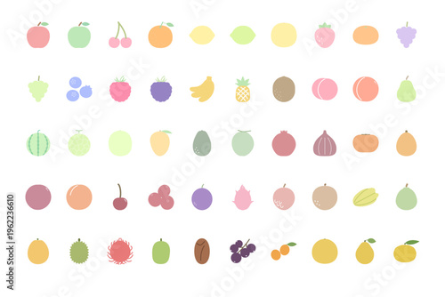 かわいい果物アイコンセット 50種 パステルカラーのシンプルなフルーツイラスト