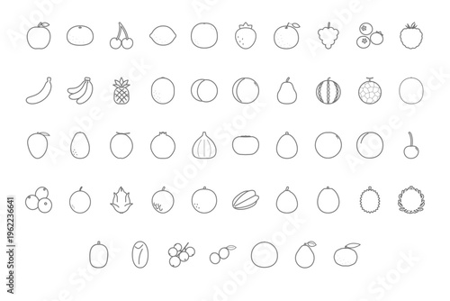シンプルな線画の果物アイコンセット 47種 アウトラインのフルーツイラスト