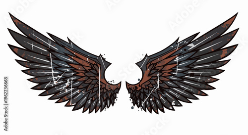 A pair of dark, weathered, feathered wings with a distressed, scratched texture