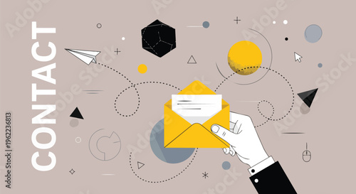 Stylized hand holding a yellow envelope with paper, paper airplane, mouse cursor and contact word, concept for communication, branding, and marketing materials.