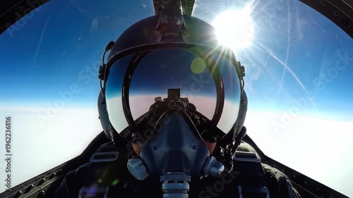Fighter jet pilot, cockpit view with helmet and oxygen mask, flying high in the sky with sun flare, symbolizing aviation, speed, and adventure