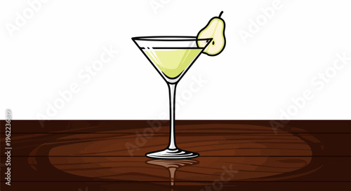 A pale green cocktail in a martini glass, garnished with a pear slice, sits on a wooden surface