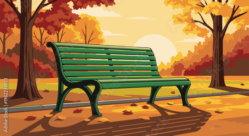 A park bench in autumn, surrounded by colorful trees and fallen leaves