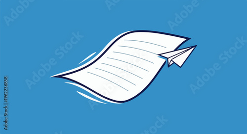 A paper airplane flies away from a lined sheet of paper