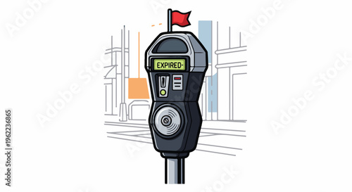 A parking meter with an expired time display and a red flag on top