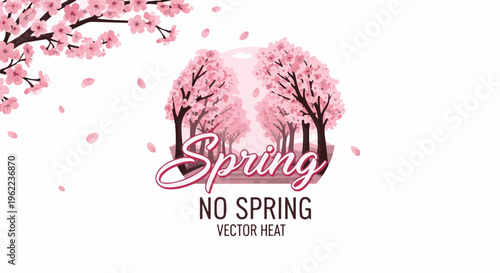 A pathway lined with flowering trees, petals falling, a season's greeting