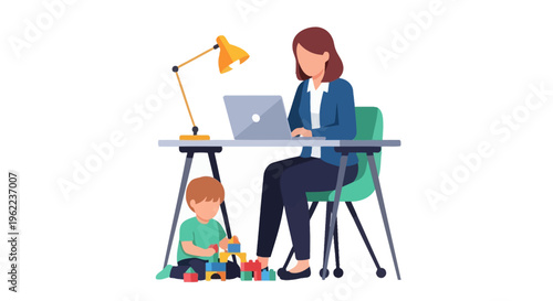 Working Mother Multitasking at Home Office with Child Playing. Illustration of Remote Work, Parenting, and Work-Life Balance Challenges.