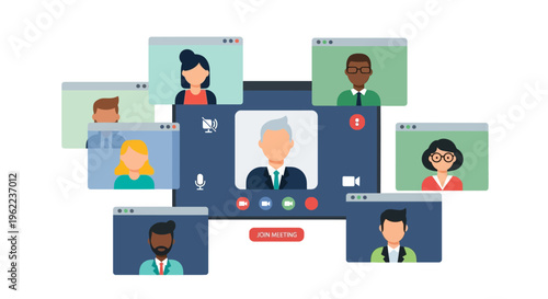 Virtual Business Meeting: Diverse Team Collaborating Online via Video Conference Call Platform