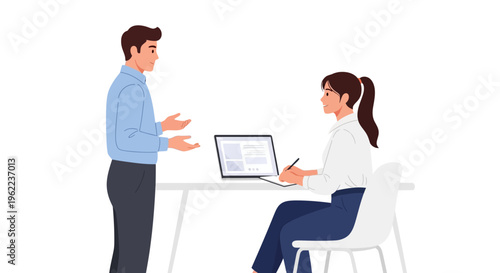 Professional Business Meeting: Man Presenting Ideas to Woman Taking Notes at Laptop