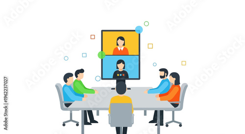 Hybrid Team Video Conference Meeting Illustration - Remote Work Collaboration and Virtual Business Communication