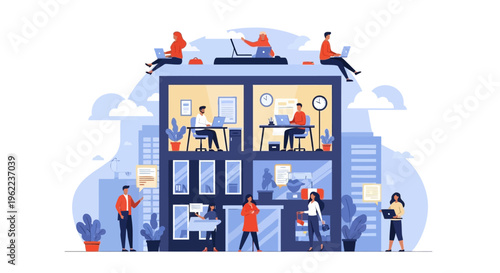 Flexible Work Model Illustration: People Working Inside and Outside an Office Building, Hybrid Workforce Concept