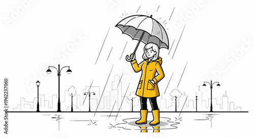 A person in a yellow raincoat holding an umbrella in the rain