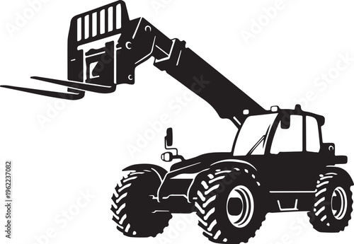 Tractor, forklift, telehandler, industrial vehicle, heavy equipment, black silhouette, vector illustration