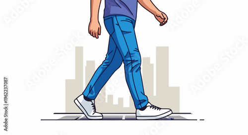 A person in blue jeans and white sneakers walks with city buildings in the background