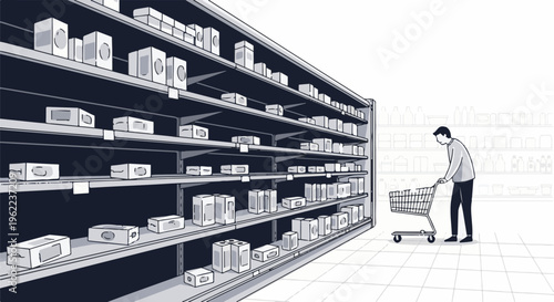 A person pushes a shopping cart down an aisle in a store