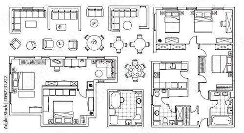 Apartment Floor Plan Top View Vector, Furniture Layout Blueprint for Bedroom Living Room Kitchen Bathroom